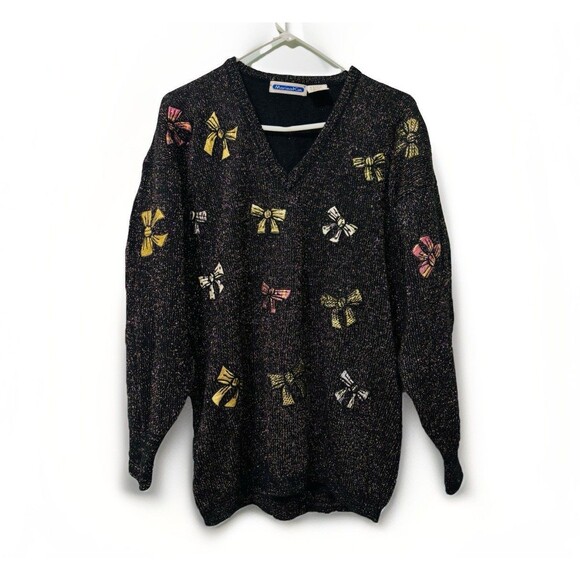 Vintage Mariea Kim Knitted Sweater Metallic glitter Bow Details Black Sz M - Picture 2 of 11